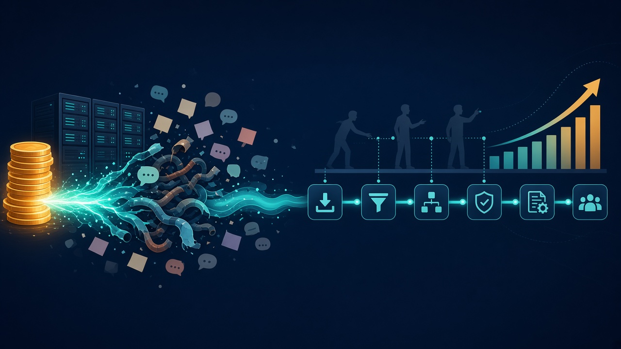 Money pouring into tangled disconnected pipes on one side, and into an organized, human-directed workflow ending in a rising chart on the other
